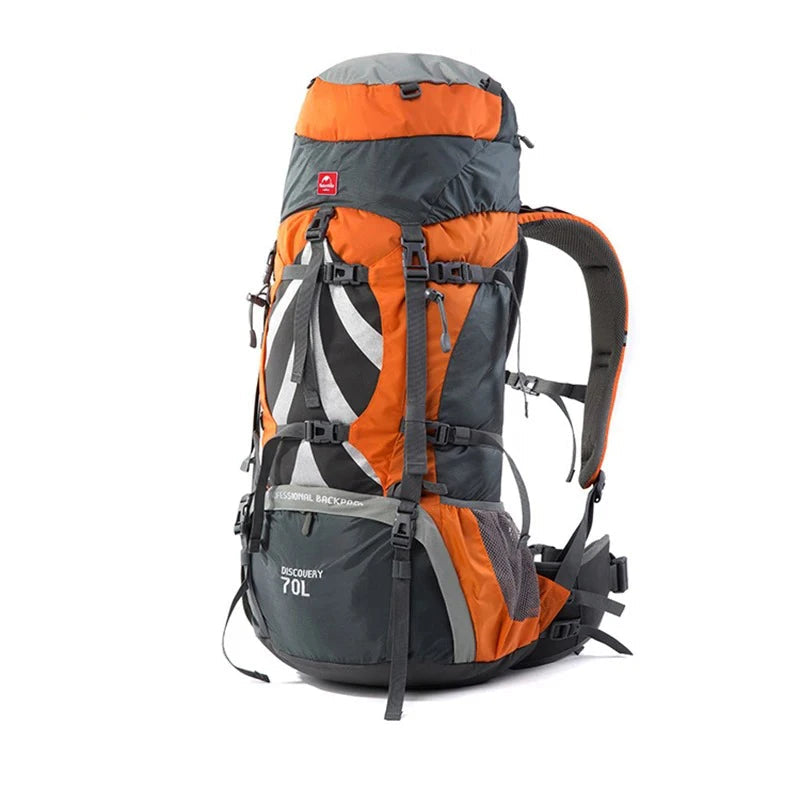 Naturehike 70L camping backpack by Nomad Pacific Supply, featuring ergonomic design, large capacity, rain cover, ideal for outdoor trekking.