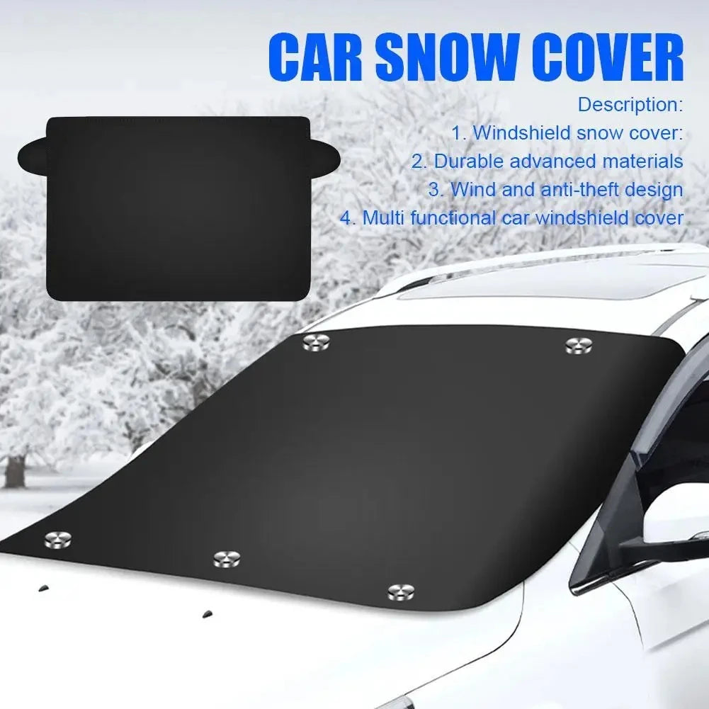 Nomad FrostGuard magnetic windshield cover on a car, protecting against snow, ice, and sun during all seasons.
