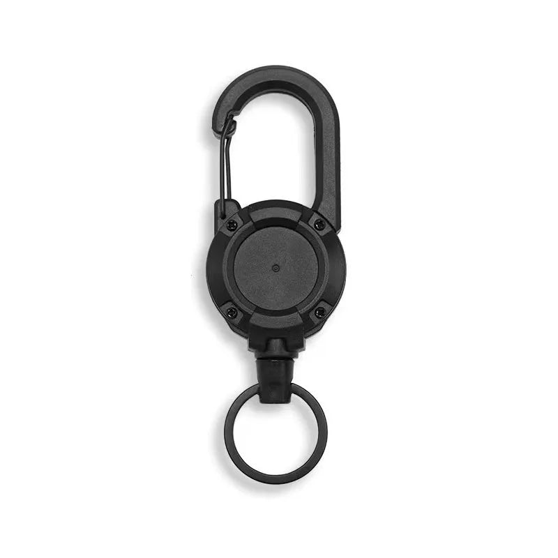 Nomad Pacific Supply heavy-duty retractable carabiner and key reel with black strap and metal clip for secure key organization.