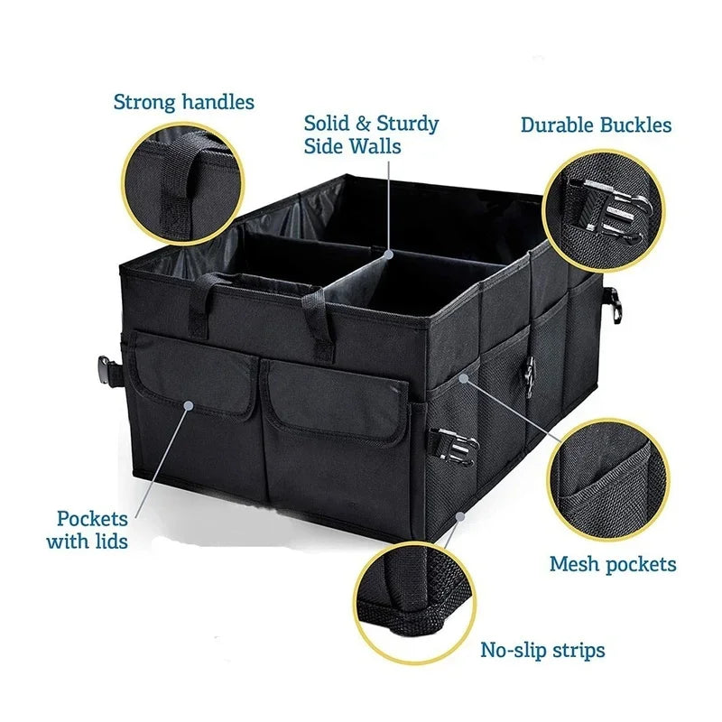 Nomad Cabin Caddy freestanding car storage box with integrated tablet view, black plastic organizer for vehicle interior.