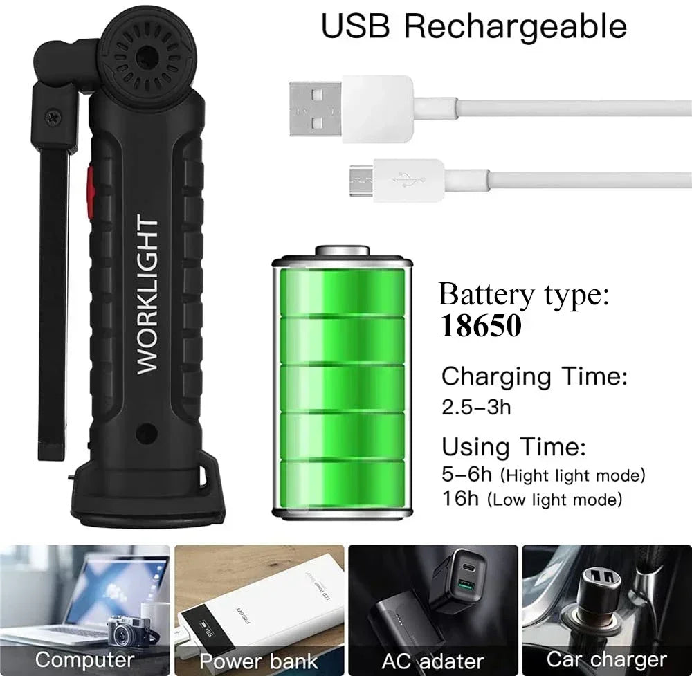 Nomad Pacific Supply magnetic COB LED foldable work light and camp lantern with handle, compact and portable for outdoor or work use.