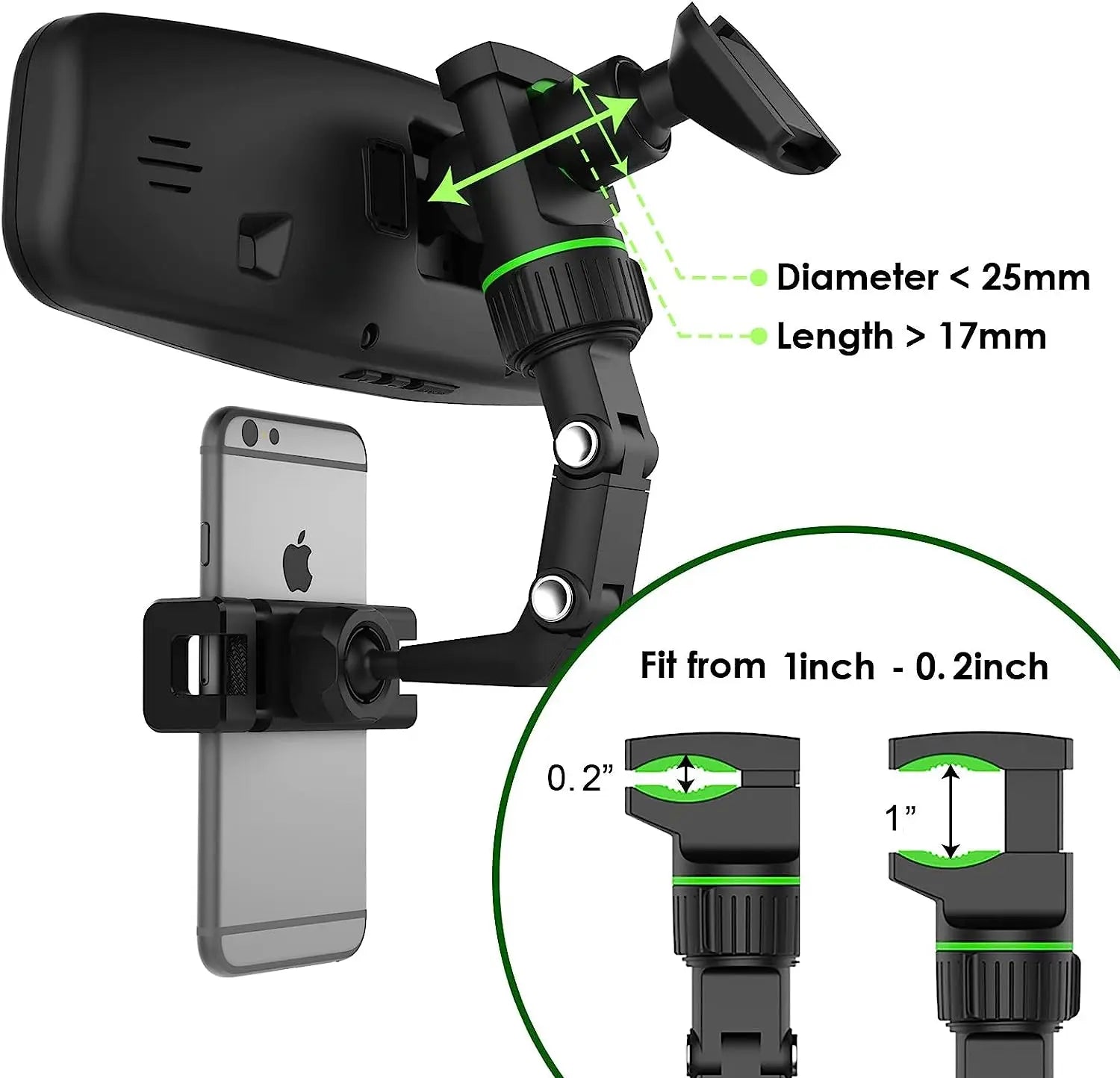 Nomad View 360° ultra-flexible rearview mirror phone mount attached to car mirror, with adjustable arms and phone holder.