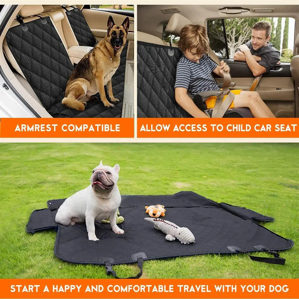 Heavy-duty hunting dog backseat protector by Nomad Pacific Supply, showing durable waterproof fabric and secure seat attachment