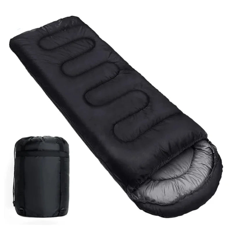 Nomad Pacific Supply ultralight compact sleeping bag, weatherproof and lightweight, shown rolled up with a carrying strap and packed size.