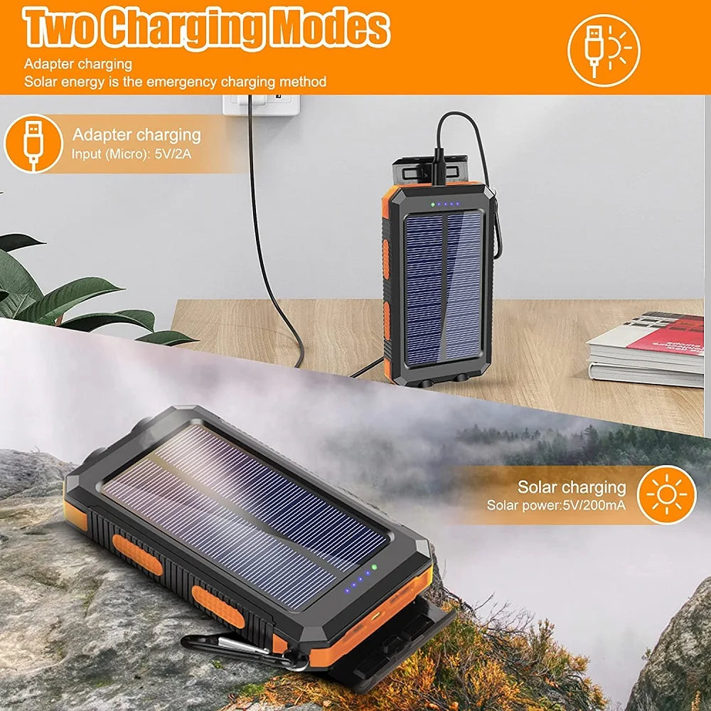 Nomad Pacific Supply 80,000mAh solar power bank with bright LED light, portable external battery charger for smartphones