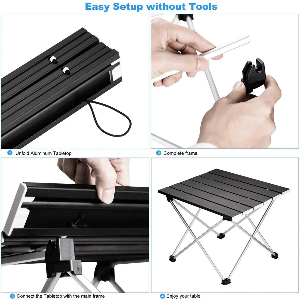 Nomad Pacific Supply ultralight aluminum folding camping table in rolled-up position, portable dinner desk for outdoor adventures