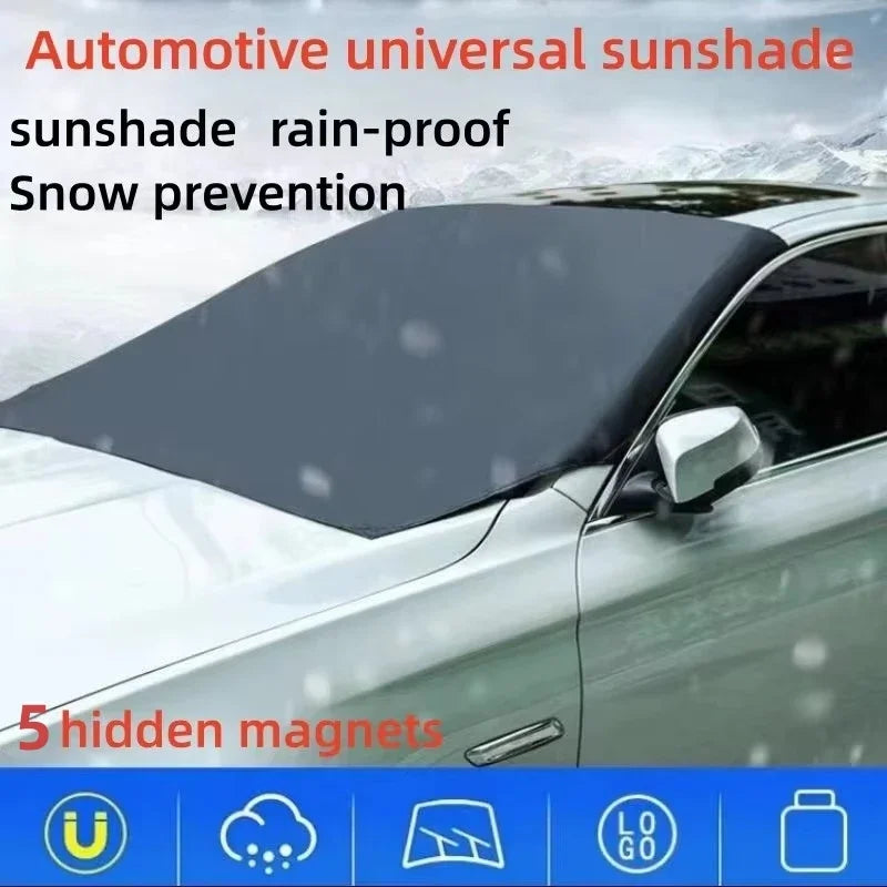Nomad FrostGuard magnetic windshield cover on car windshield, protecting against snow, ice, and sun in all seasons.