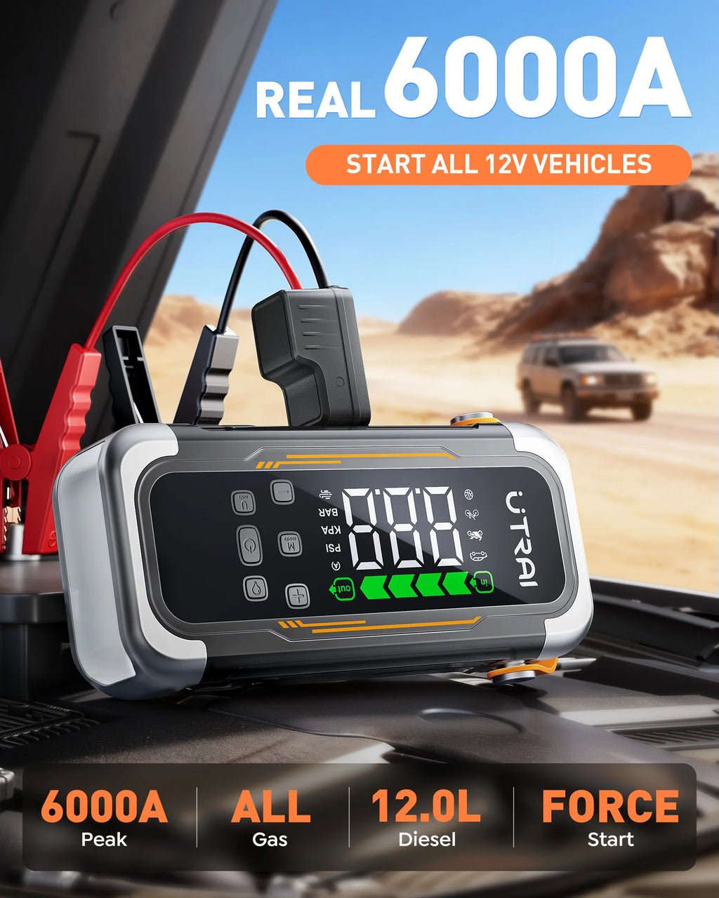 Nomad 5-in-1 Expedition Jump Starter and High-Output Air Compressor with 6000A and 150PSI, shown in a compact black device.
