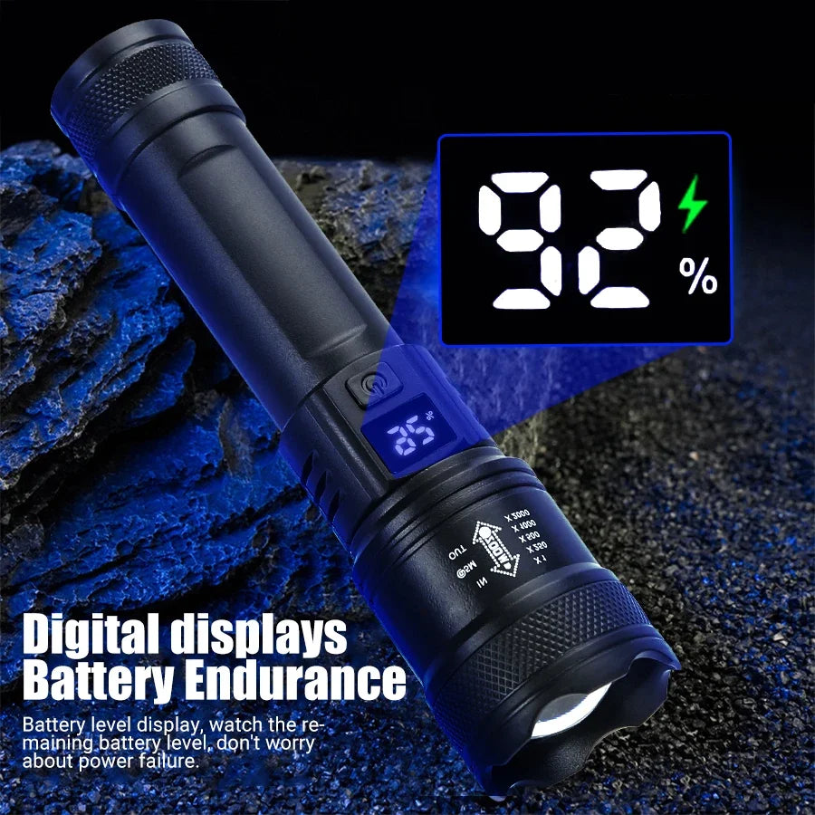 Nomad Tactical Voltagger LED flashlight with XHP50 LED, rechargeable battery, and battery display, designed for heavy-duty use.