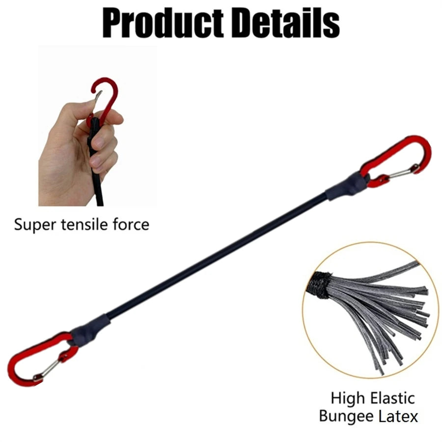 Nomad Pacific Supply heavy-duty elastic bungee cord with metal carabiners for secure stretching and fastening.