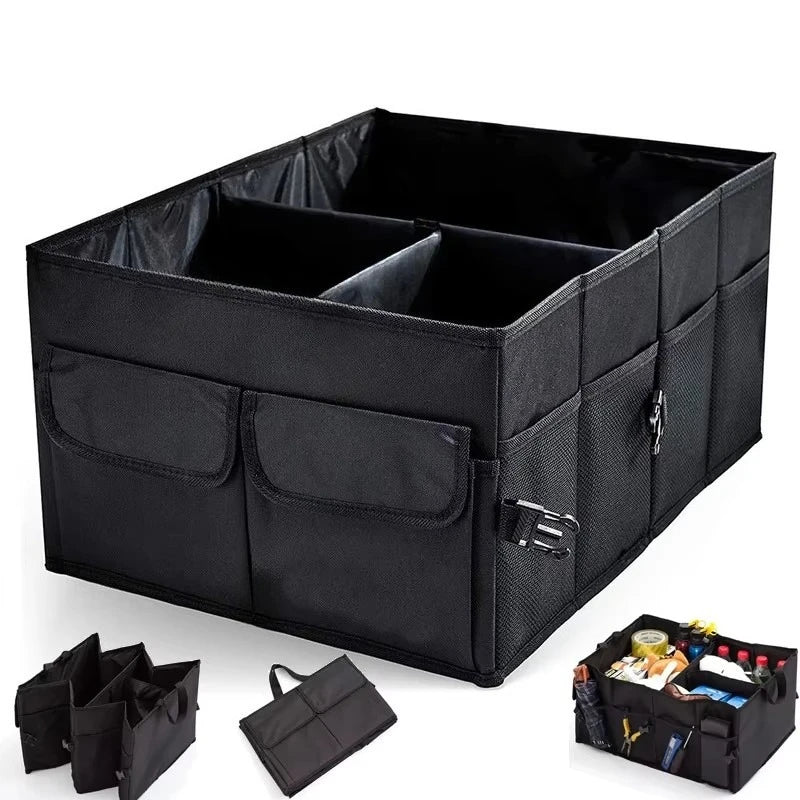 Nomad Cabin Caddy freestanding car storage box with integrated tablet view, sturdy design by Nomad Pacific Supply.