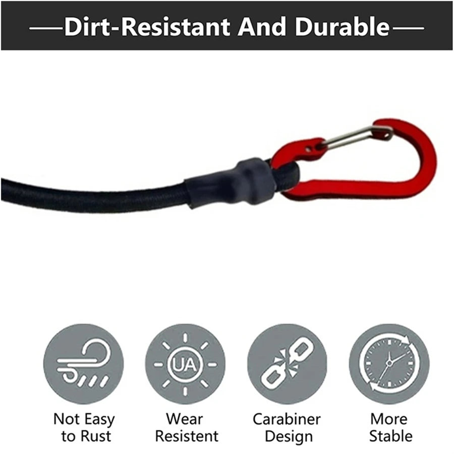 Heavy-duty elastic bungee cord with carabiners by Nomad Pacific Supply, showing durable stretch and secure metal hooks.