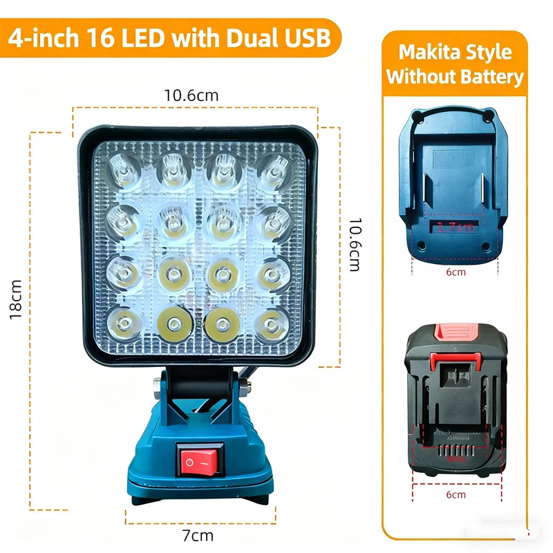 Nomad Jobsite Glo LED work light mounted on Makita 18V battery, portable and bright for construction and outdoor work.