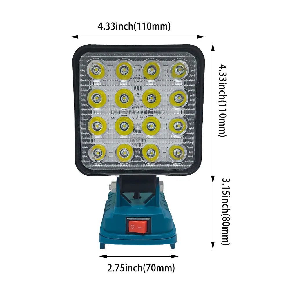 Nomad Jobsite Glo LED work light attached to Makita 18V power tool for bright, portable illumination on construction sites