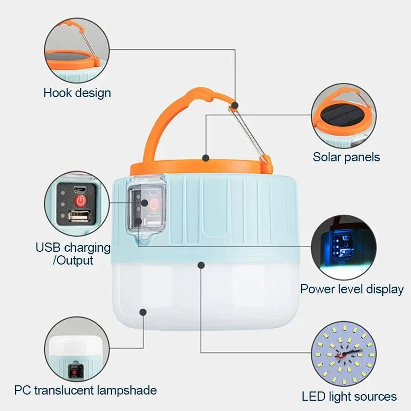 Nomad Beacon rechargeable camping lantern emitting bright white light, featuring a handle and compact design for outdoor use.