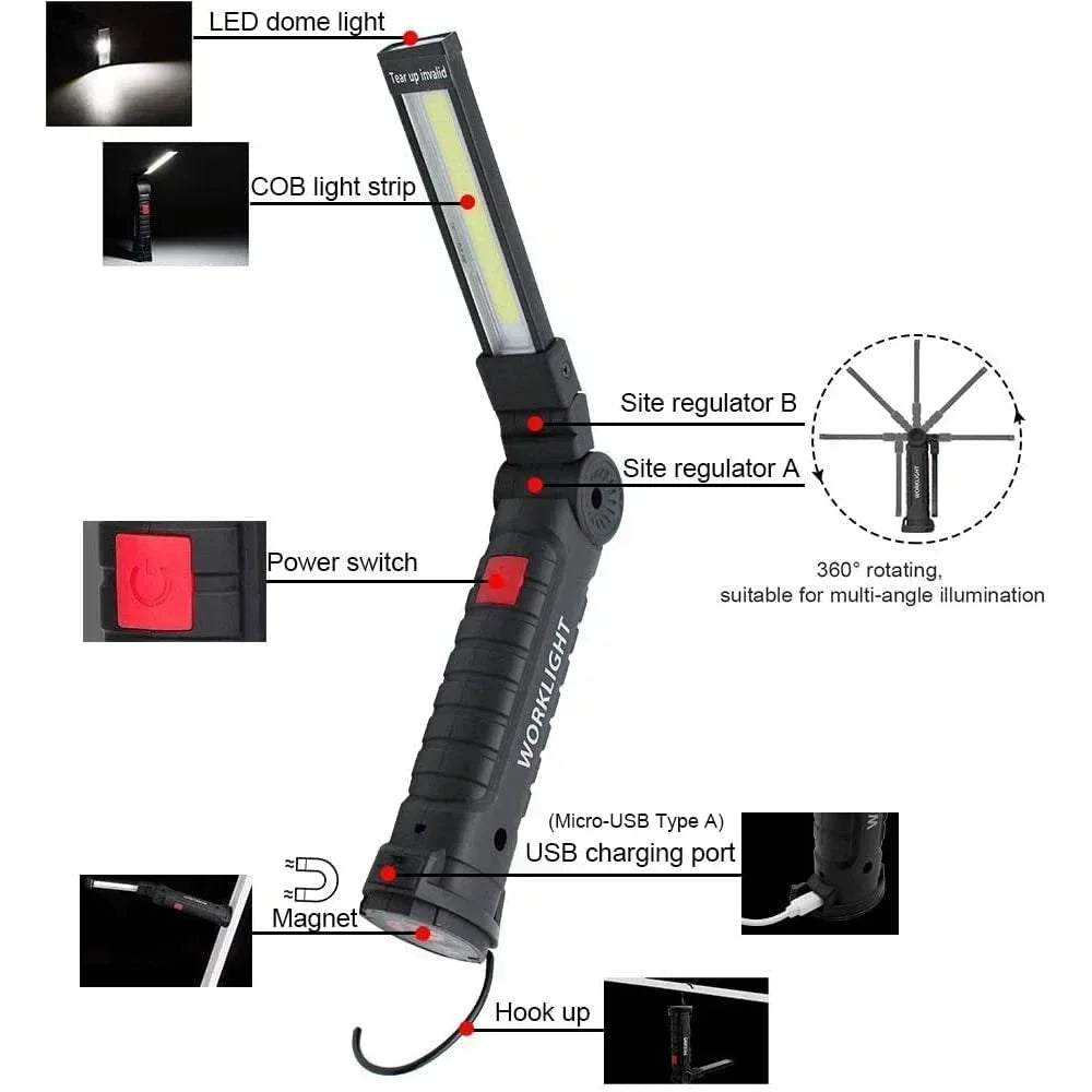 Nomad Pacific Supply magnetic COB LED foldable work light and camp lantern with handle, black and compact for outdoor or work use.
