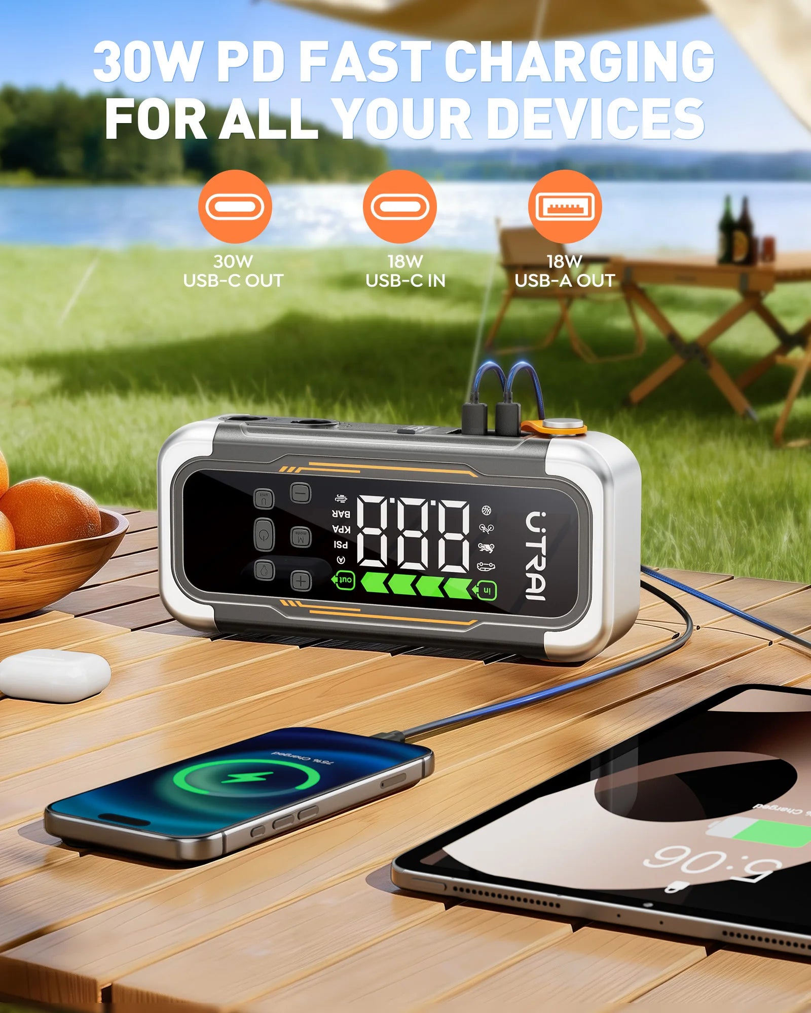 Nomad 5-in-1 expedition jump starter and air compressor with digital display, black and red design, and multiple connection ports.