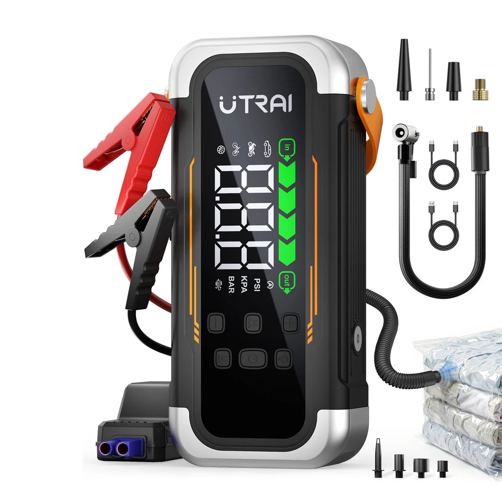 Nomad 5-in-1 Expedition Jump Starter and Air Compressor showing the compact device with cables and air hose attached.