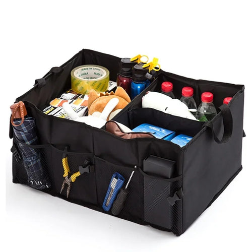 Nomad Cabin Caddy freestanding car storage box with integrated tablet holder shown in a vehicle interior.
