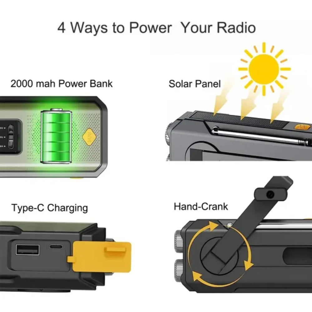 Nomad Pacific Supply multi-functional emergency solar weather radio and power bank with digital display and hand crank.