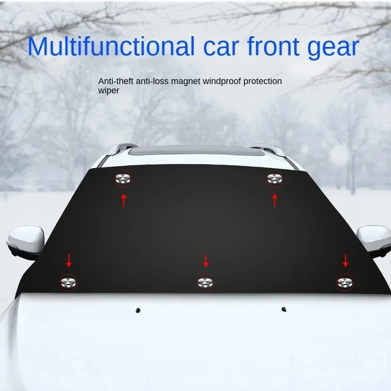 Nomad FrostGuard magnetic windshield cover on car windshield, protecting against snow, ice, and sun in all seasons.