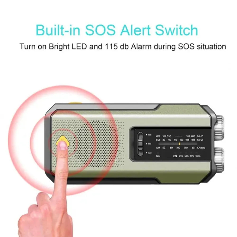 Nomad Pacific Supply multi-functional emergency solar weather radio and power bank with digital display and built-in flashlight.