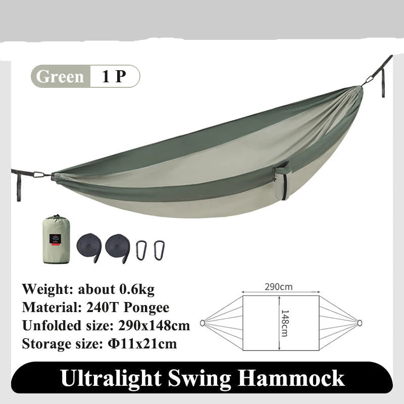 Nomad x Naturehike ultralight swing hammock hanging between trees, lightweight outdoor sleep gear for camping and relaxation.
