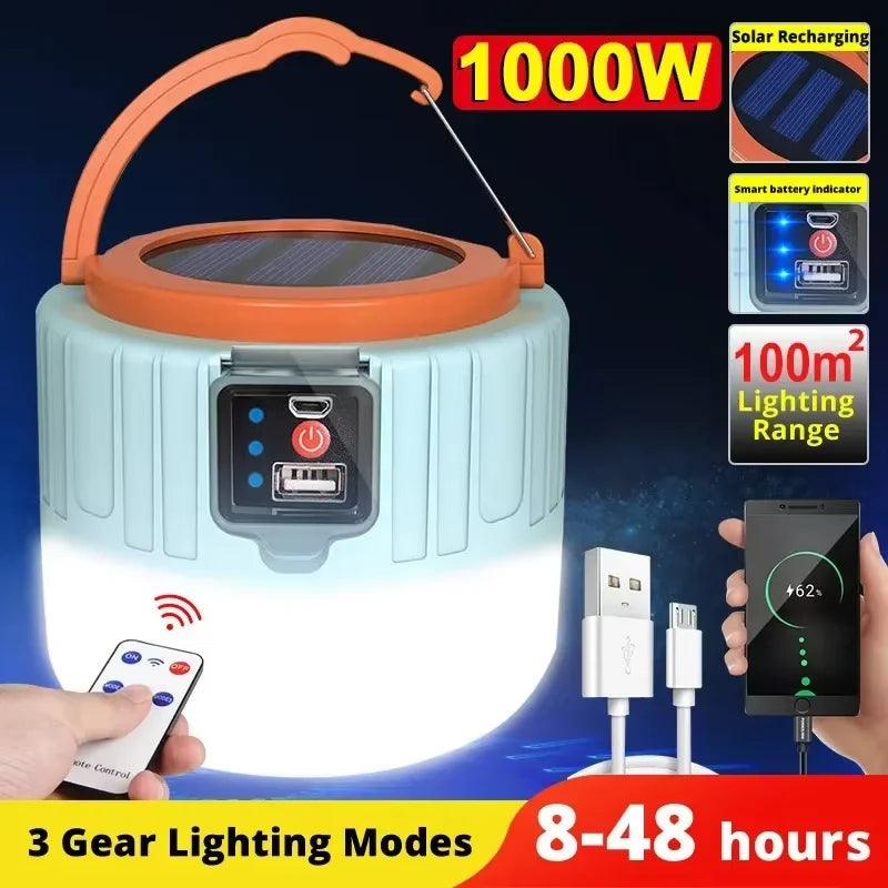 Nomad Beacon rechargeable camping lantern emitting bright white light, with a sturdy handle and compact design for outdoor use