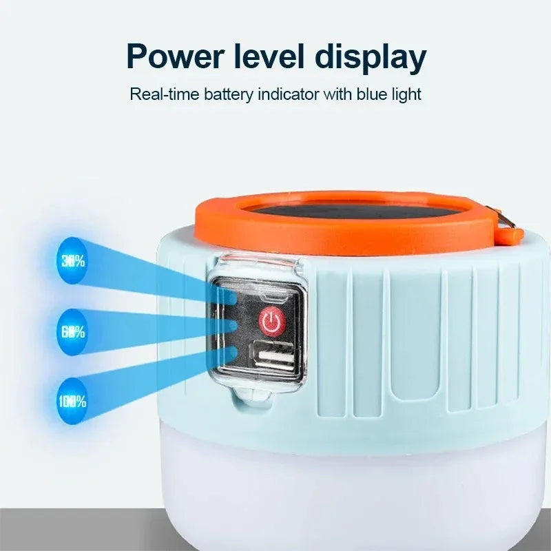 Nomad Beacon ultra-bright rechargeable camping lantern emitting intense light, with handle for outdoor camping use.