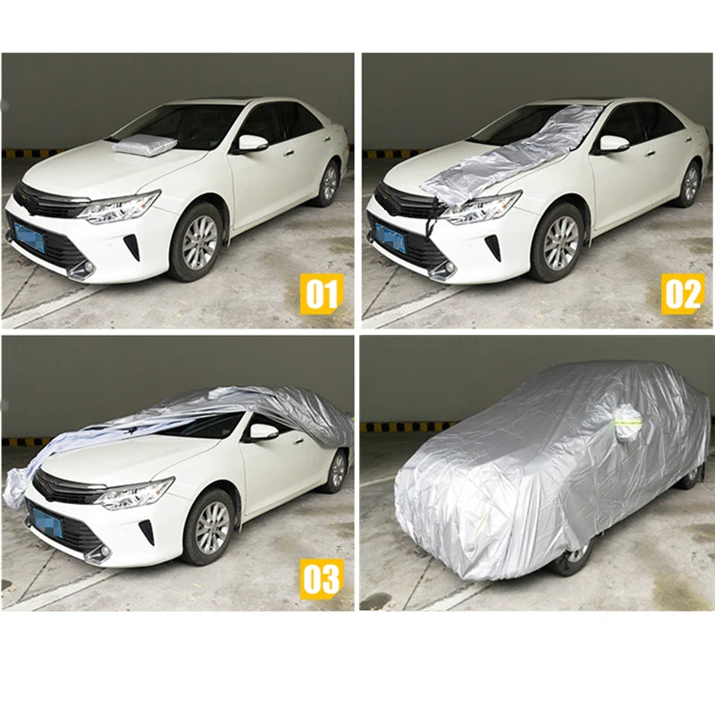 Heavy-duty Nomad Pacific Supply outdoor car cover protecting vehicle from all weather elements, weather-resistant exterior design.