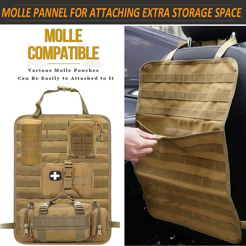 Nomad Tactical car seat back organizer with multiple storage pockets and adjustable straps for vehicle organization.