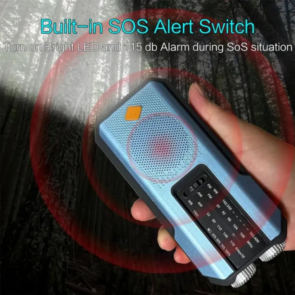 Nomad Pacific Supply multi-functional emergency solar weather radio and power bank with digital display and hand crank.
