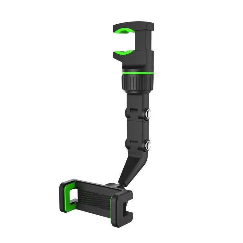 Nomad View 360° ultra-flexible rearview mirror phone mount attached to a car rearview mirror, holding a smartphone securely.