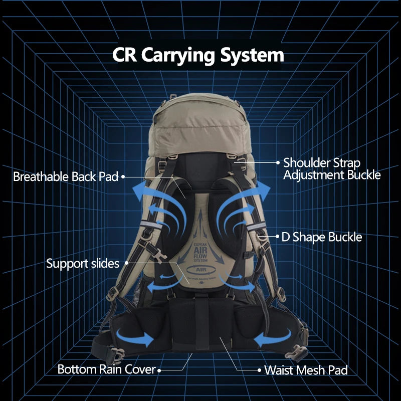 Naturehike 70L camping backpack by Nomad Pacific Supply featuring ergonomic design, large capacity, rain cover, outdoor hiking gear