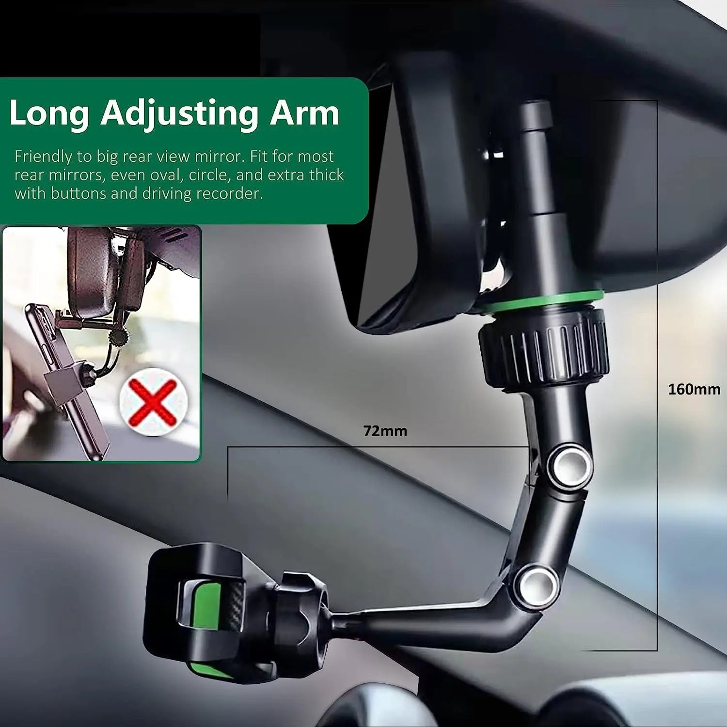 Nomad View 360° ultra-flexible rearview mirror phone mount attached to car mirror, adjustable for hands-free device use.