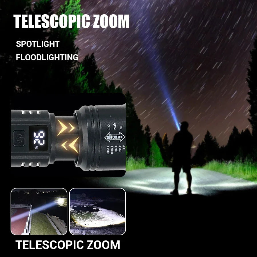 Nomad Tactical Voltagger LED flashlight with XHP50 bulb, rechargeable battery, and battery level display in a rugged design.