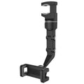 Nomad View 360° ultra-flexible rearview mirror phone mount attached to a car mirror, holding a smartphone securely.