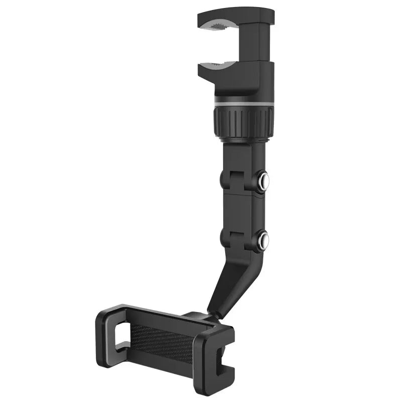 Nomad View 360° ultra-flexible rearview mirror phone mount attached to a car mirror, holding a smartphone securely.