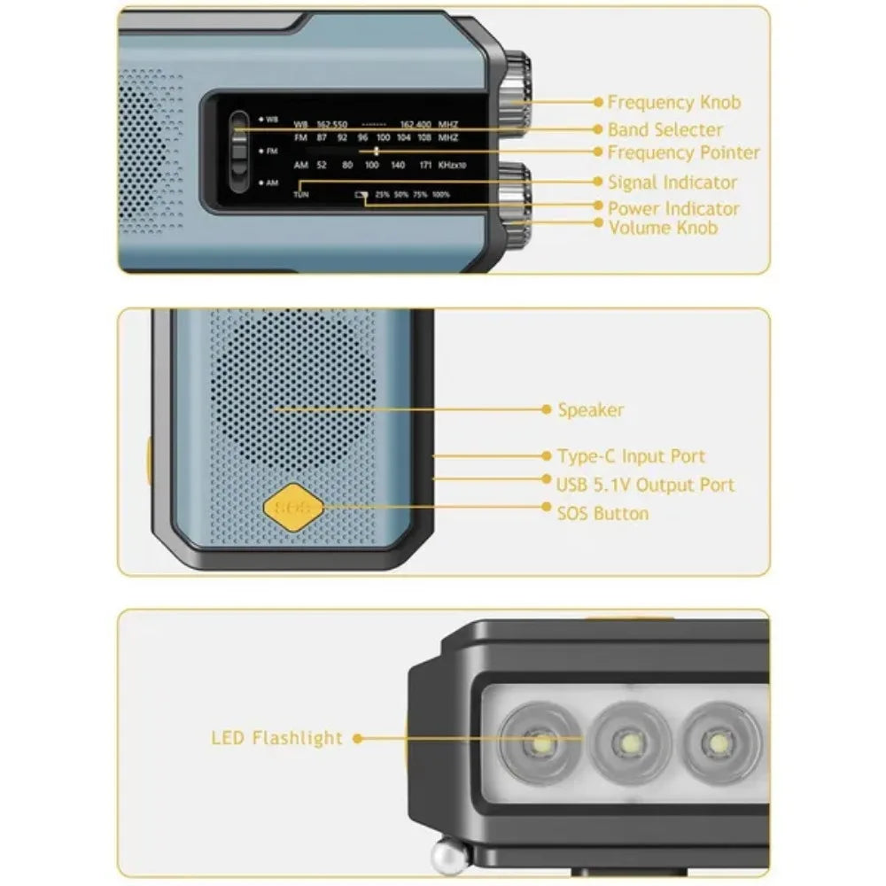 Nomad Pacific Supply multi-functional emergency solar weather radio and power bank with digital display and compact design.