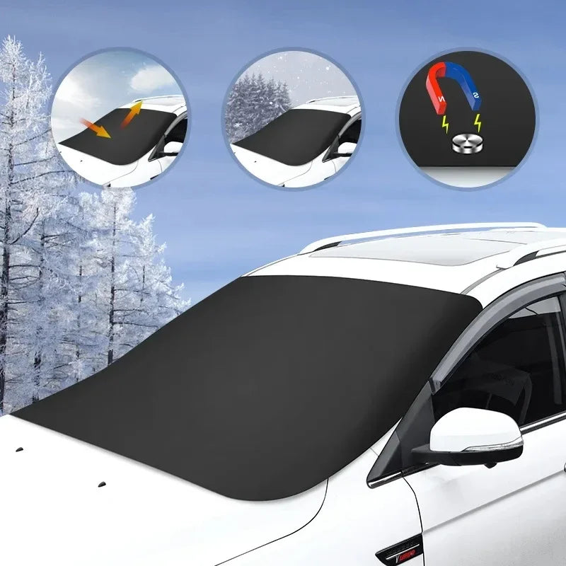 Nomad FrostGuard magnetic windshield cover on car windshield, protecting against snow, ice, and sun in all seasons.