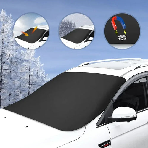 Nomad FrostGuard magnetic windshield cover on car windshield, protecting against snow, ice, and sun in all seasons.