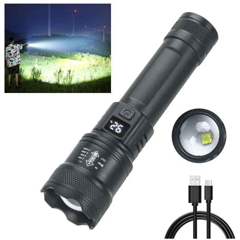 Nomad Tactical Voltagger LED flashlight with XHP50 bulb, rechargeable battery, battery display, heavy-duty design, and bright illumination