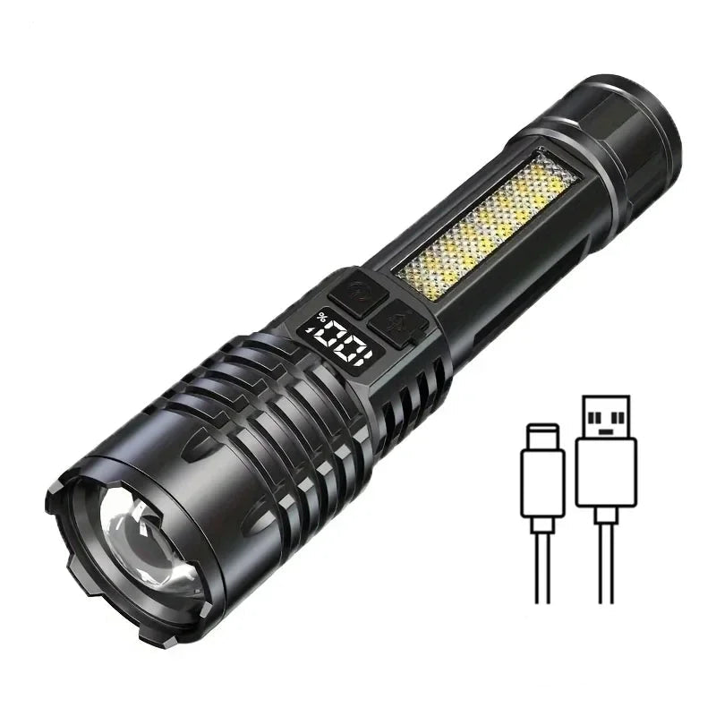 Nomad Pacific Supply heavy-duty tactical spotlight with built-in powerbank, featuring a rugged design and adjustable focus.