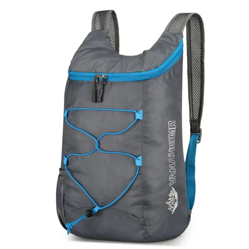 Nomad Pacific Supply PocketPack folding backpack, lightweight 20L waterproof trail daypack, shown folded and unfolded for travel.
