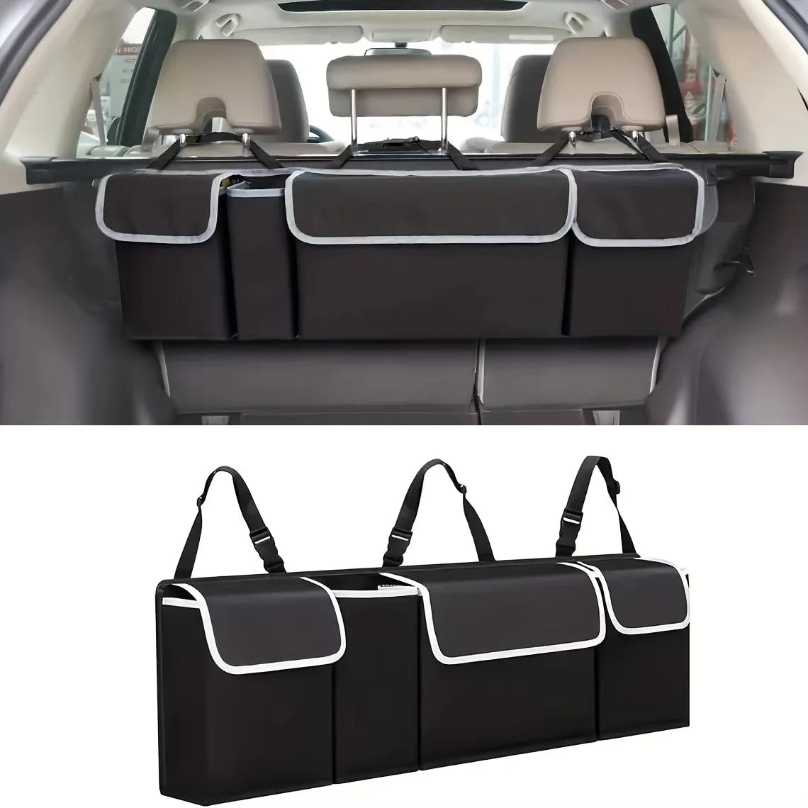 Nomad Trunk Elite hanging organizer in Oxford cloth, designed for SUVs and hatchbacks, with multiple storage compartments.