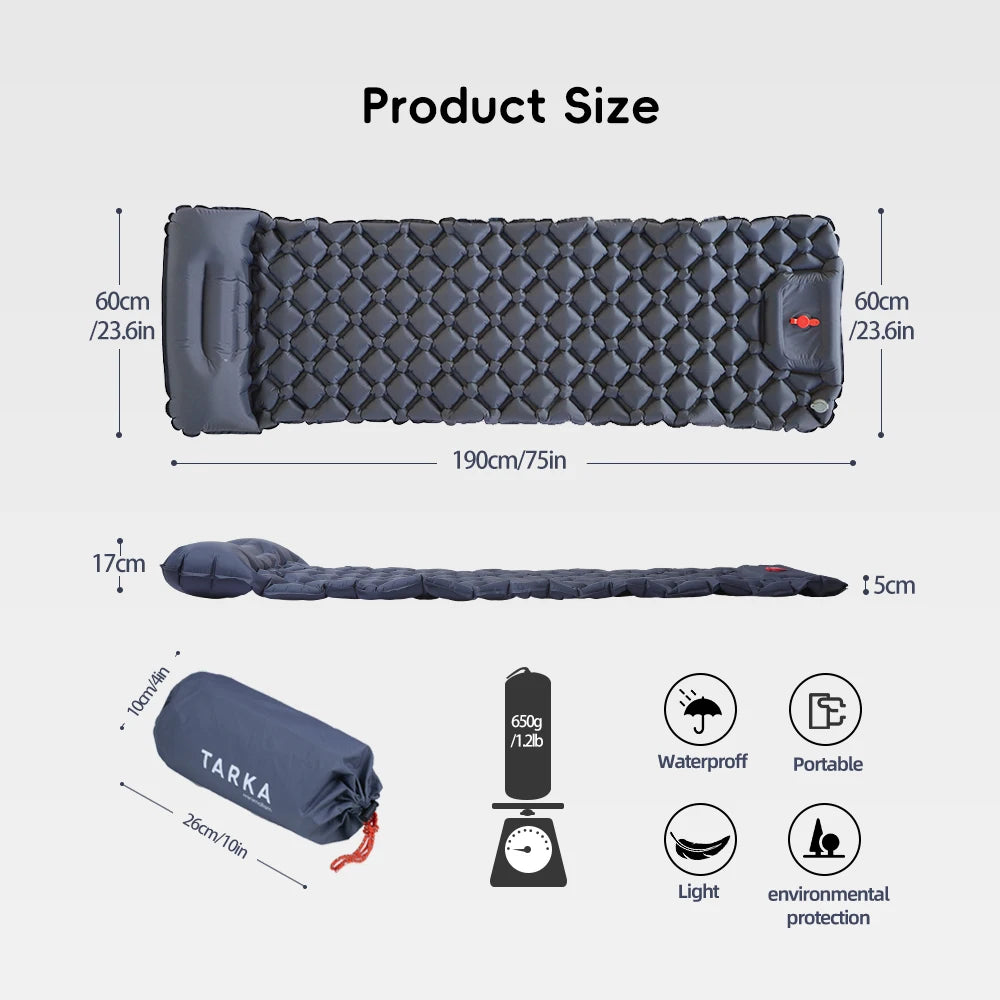 Nomad Pacific Supply TARKA inflatable camping mattress with pillow, outdoor self-inflating sleeping pad for hiking and climbing.