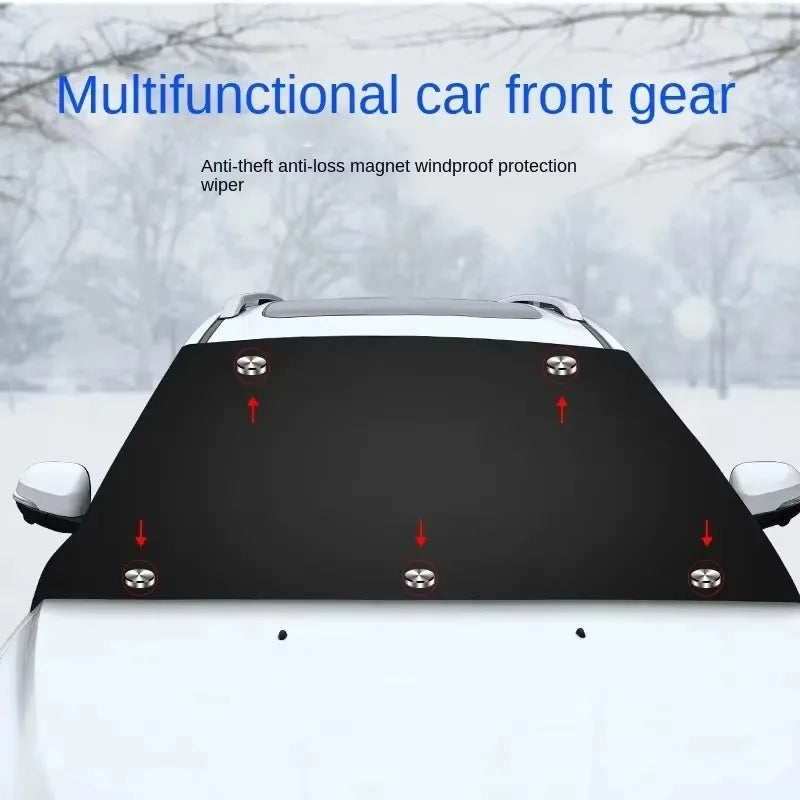 Nomad FrostGuard magnetic windshield cover on car, protecting against snow, ice, and sun during all seasons.